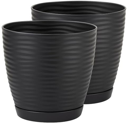 Home Garden Ornaments Plant Pots Indoor – Set of 2 Plastic Flower Pots with Saucer and Drainage Holes, Decorative 3D Wave Design (Black, 11cm / 4.3 inch)