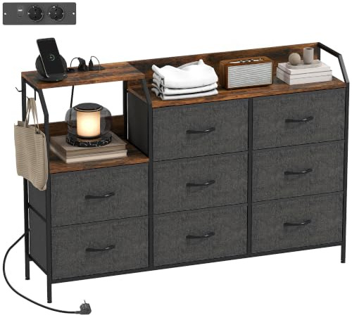 HOMCOM Fabric Kommode Schlafzimmer mit Ladestation, Kommode mit 8 Stoff Schubladen und Stahlrahmen für Wohnzimmer, Rustikales Braun und Schwarz