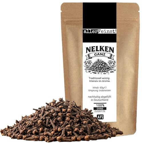 allerFeinst! Ganze Gewürznelken | intensives Nelken Aroma für Rotkohl, Wild, Glühwein, Chai, Gebäck, und Marinaden - aromatisches Gewürz für süße und herzhafte Rezepte, 1er Pack (1 x 60g)
