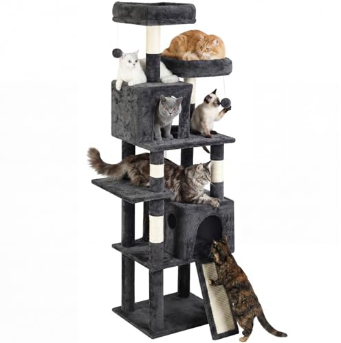 GRANDMA SHARK Cat Tree Tower 49 x 41 x 164 cm, Cat Condos with Sisal Scratching Posts Cat Play House and Rest Place, Dark Grey