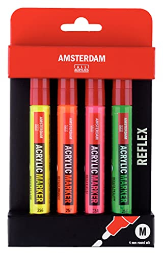 Amsterdam Acrylmarker-Set | Reflex Set mit 4 Neonfarben | vielseitig einsetzbare, permanente Malstifte mit mittlerer Rundspitze