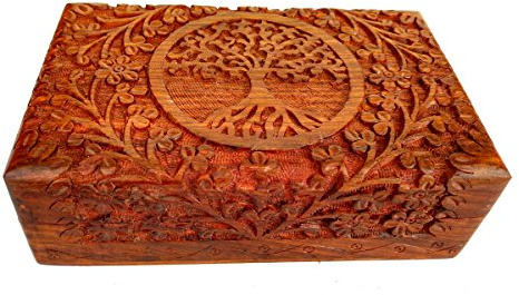 Rastogi - Boîte artisanale en bois finement sculpté, motif arbre de vie, pour bijoux, fabrication artisanale indienne