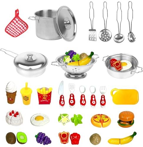 Koolbitz Cute little 11PCS Pretend Kitchen Playset Stainless Steel Play Toy Cookware Play set Pot and Cooking Utensils, Toy Cutlery, Learning Gift for Girls Boys Kids