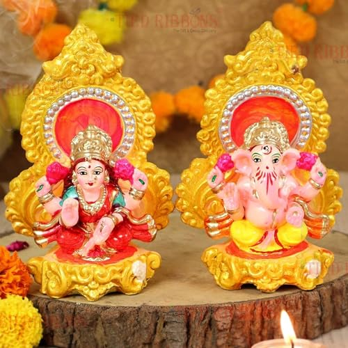 TIED RIBBONS Laxmi Ganesh Statue Indian God Lord Lakshmi Ganesh Clay Idol for Pooja Temple Mandir Ganesh Laxmi Idol (14 x 9 cm) - Diwali Decorations for House and Diwali Gifts