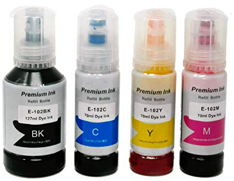 OBV 4X kompatibler Tintentank als Ersatz für Epson 102 für Epson EcoTank ET-2751 ET-2756 ET-2700 ET-2750 ET-3700 ET-3750 ET-4750 schwarz 127ml (7500 Seiten) / farbig je 70ml (6000 Seiten)