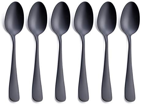 Cuillère à dessert noire mate, GoGeiLi cuillère à café en acier inoxydable satiné de 17,2 cm, petite cuillère à dessert Lot de 6, lavable au lave-vaisselle