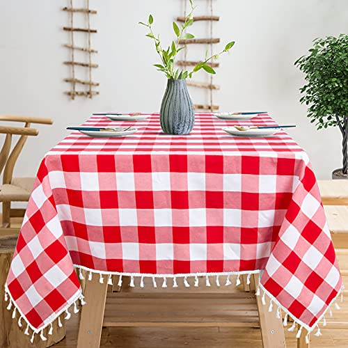 ShinyBeauty Karierte Tischdecke, 137 x 183 cm, rot und weiß, Büffel-Karo Tischdecke Baumwolle mit Quasten Rechteckig Karierte Tischdecke Outdoor Gingham Kariert Tischdecke für Halloween Thanksgiving