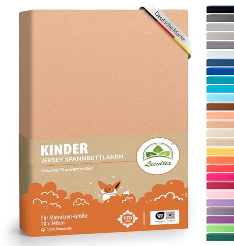 Premium Kinder Spannbettlaken leevitex® | 2er Set | Für Babybett & Kinderbett 70 x 140 cm | 100% hochwertige Mako-Jersey-Baumwolle - 170 g/m² | Öko Tex geprüft | Apricot