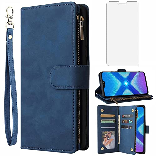 Asuwish Handyhülle für Huawei Honor 8X Hülle mit Folie Schutzfolie und Kartenfach Klappbar Leder Geldbörse Ständer Reißverschluss Hawaii Honor8X 5G JSN-L21 Handy Hüllen Schutzhülle Phone Case Blau