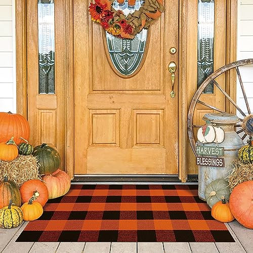 KOZYFLY Buffalo Plaid Teppich, 70 x 109 cm, Orange und Schwarz, kariert, für Halloween, Herbst, Baumwolle, waschbar, für den Außenbereich, Eingangsbereich für Veranda, Eingang, Herbst, Bauernhaus