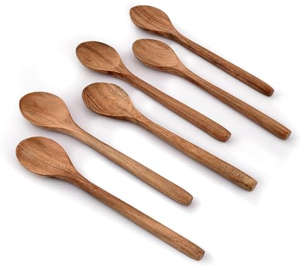 Samhita Cooking Spoons Acacia Wood Spoons for Baking, Tasting, Mixing, Stirring with Long Comfortable Handle Smooth Finish Tableware (Set of 6), (22.86cm x 4.44cm x 1.27cm)