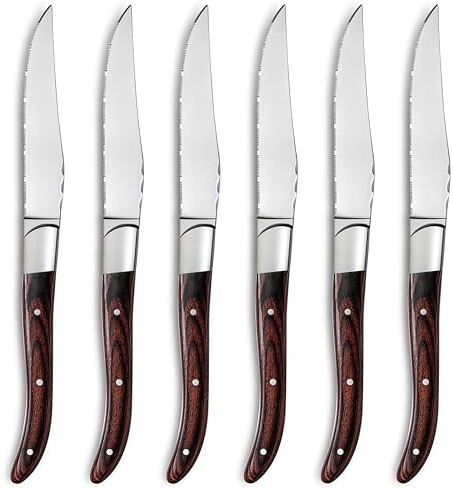 Pleafind 6 pezzi coltelli da bistecca premium, set di coltelli da bistecca in acciaio inox colore rosso sandalo, coltelli bistecca affilati, coltelli da tavola, lucidatura a specchio