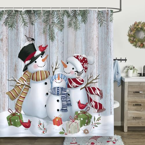 Bonhause Duschvorhang Winter Weihnachten Schneemann Kiefernzweige Duschvorhänge 180 x 180 cm Anti-Schimmel Wasserdicht Polyester Stoff Waschbar Bad Vorhäng für Badzimmer mit 12 Haken