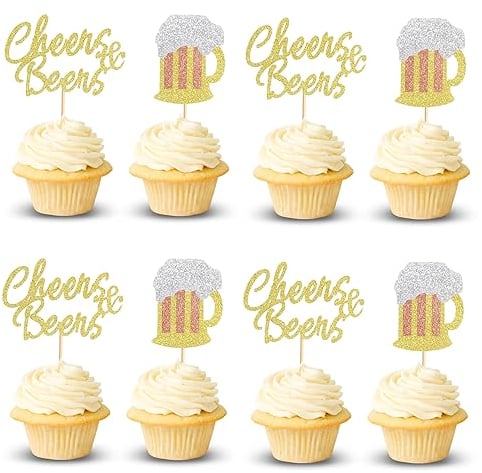 Arthsdite 24Pcs Cheers Beer Mug Cupcake Toppers Beers Cake Topper Decorations Cheers Beer Festival Celebrating Birthday Party Supplies - Gold Glitter