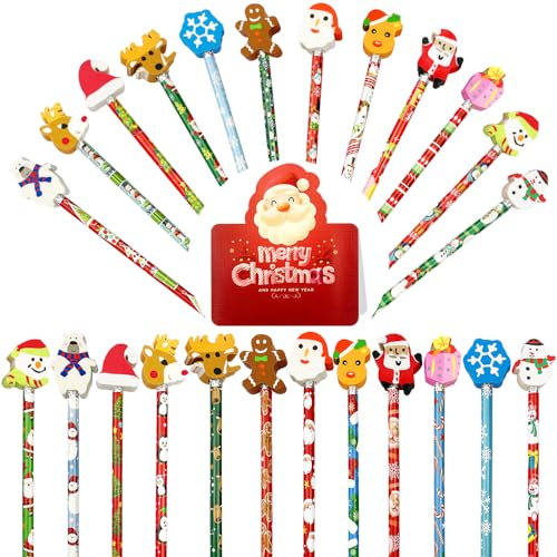 FANOST 24 Stück Weihnachtsstifte mit Radiergummis und 1 Weihnachtskarte für Kinder, Weihnachten HB Bleistift Set und Lustige Weihnachtsgrußkarte, Weihnachten Geschenke/Party Mitgebsel für Kinder