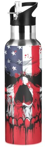 Wzzzsun Crâne en Sucre Drapeau Américain USA Isotherme Bouteille d'eau avec Paille, Gourde Sport en Acier Inoxydable 600ML Gourdes sans BPA pour Enfant Garçon Fille École Bureau