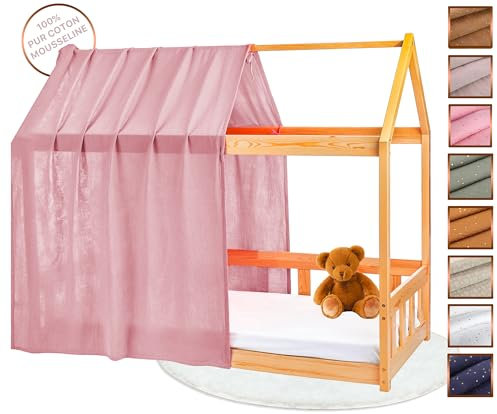 Lovely Hippo Hausbett Himmel - 100% Baumwolle - Betthimmel Hausbett aus Musselin - Bett Vorhang Kinderbett - Himmelbett Vorhänge 90x200cm (Blütenblatt/Gold, 120 x 370 cm (1er Set))