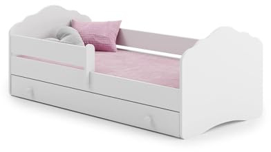 Dmora - Einzelbett für Kinder, Babybett mit Kommode und Rausfallschutz und Kopfteil, Wolke, 144 x 78 x 58 cm, Farbe: Weiß