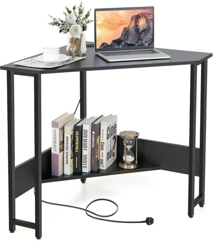COSTWAY Corner Computer Desk, Triangle PC Laptop Table with Power Outlet and Storage Shelf, Space Saving Wooden Study Desk Writing Workstation for Home Office Bedroom (Black)