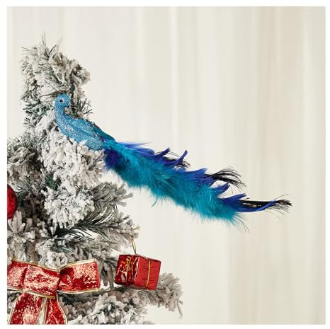Weihnachtsbaumschmuck Pfau – langer Schwanz Feder Pfau Weihnachtsschmuck mit Glitzer (Blau, 2 Stück)