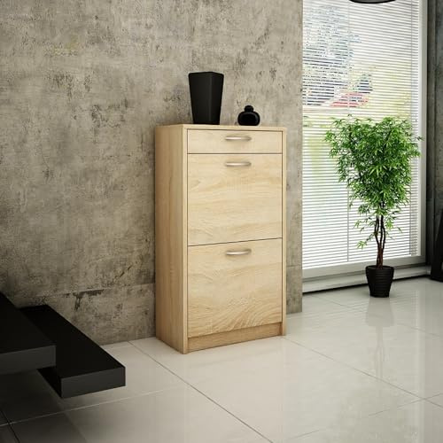 Home Collective Schuhschrank mit 1 Schublade und 2 Klappen Schuhregal mit 3 Fächern weiche abgerundete Kanten 50cm breit laminierte Platte in matt platzsparende Schuhaufbewahrung Sonoma