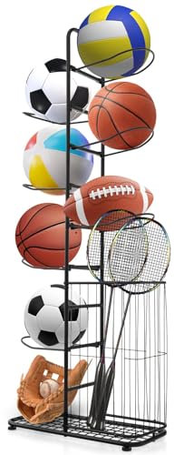 GYMAX Ballständer, Sportball Aufbewahrungsregal, vertikales Ball Regal mit Körben & Haken, Ball Aufbewahrungshalter für Sportgeräte, Sportgeräte Organizer für Basketball, Fußball & Volleyball