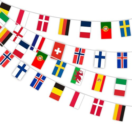 AhfuLife Europa Mujeres Women's Euro 2025 Banderas Decoración, 16 Países Banderas Pequeñas Países Europeos Liga de Fútbol Femenino Suiza Europa Visión Bar Jardín Decoración (21cm X 14cm 6,5m 1pcs)