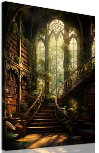 Leinwandbild, Motiv: Vintage-Bibliotheksbild, gotisches viktorianisches Gemälde, Dark-Academia-Kunstwerk, mittelalterliches Schloss, dunkles Schloss-Gemälde für Wohnzimmer, 40,6 x 61 cm, gerahmt