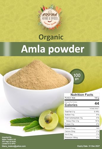 Organic Amla Powder 100g by Aroma Herbs & Spices | Indian Gooseberry | Edible Grade | Hair & Skin Care | Natural Vitamin C | Vegan | No Additives or Preservatives | 100g