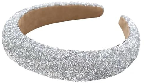 JchEnye Large bandeau pour femmes : accessoire vintage en strass pour cheveux, pour femmes et filles, accessoire de coiffure pour mariage, bandeau argenté pailleté (largeur : 3,2 cm)