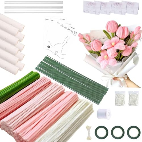 LIWAILIWAI 500 Pcs Pipe Cleaner Flower Kit（Complimentary Greeting Card and Wrapping Papers etc,Pink 5 Colours）Chenille Stems Flowers,Diy Pipe Cleaner for DIY Craft Projects and Craft Decorations