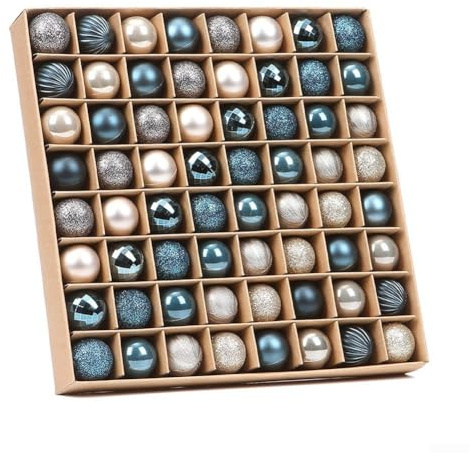 TDCuizent Juego de 64 mini esferas de Navidad de 30 mm, bolas de plástico inastillables con acabados mate brillante y purpurina en rojo, azul y dorado para decorar coronas de árboles de Navidad (azul)