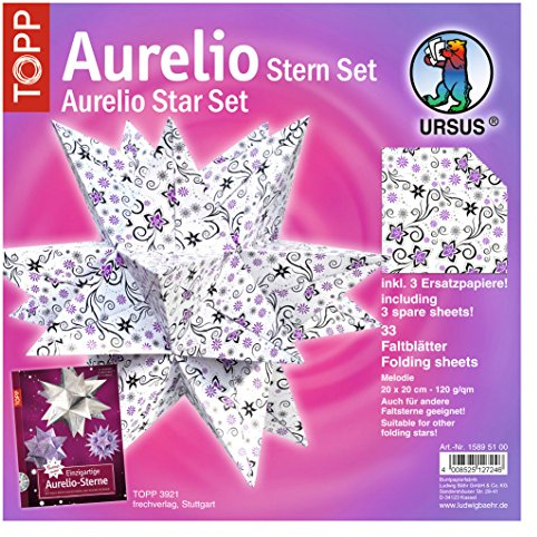 Ursus 15895100 - Faltblätter Aurelio Stern Melodie, weiß / schwarz / lila, 33 Blatt, aus Papier 120 g/qm, ca. 20 x 20 cm, beidseitig bedruckt, ideal als Weihnachtsdeko