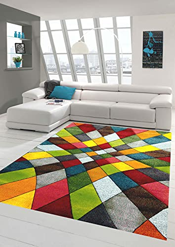 Teppich-Traum Moderner Teppich Wohnzimmer abstraktes Design buntes Rautenmuster grün gelb orange bunt - pflegeleicht Größe 140x200 cm