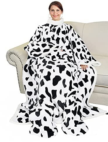 Catalonia Classy Cow Print Wearable Sherpa Blanket with Sleeves and Foot Pocket, Soft Cosy Fleece Slankets for Women Warm Fluffy Plush Throws Winter TV Blanket for Sofa Couch 190 x 135 cm