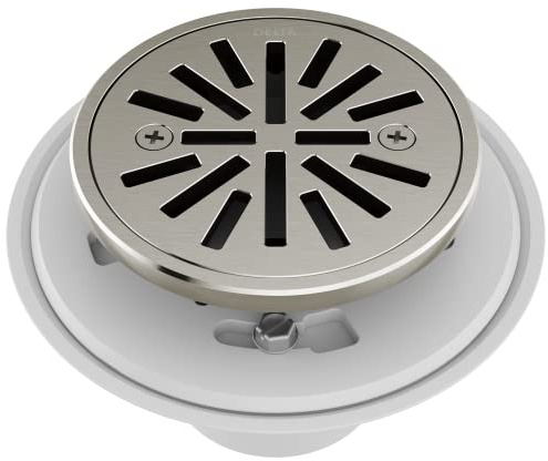 Delta 4 Inch Brushed Nickel Round Tile-In Round Shower Floor Drain with Gasket and Removable Drain Gate, Stainless DT061411-SS