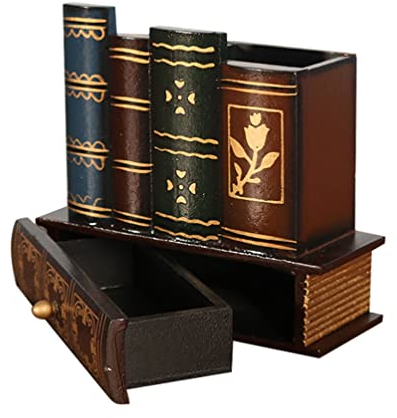 Retro Holz Stifthalter, Kreatives Bleistift Desktop Aufbewahrungsbox, Buch Form Schreibwaren Halter Schreibtisch Makeup Pinsels Organizer mit Unterer Schublade für Studenten Büro