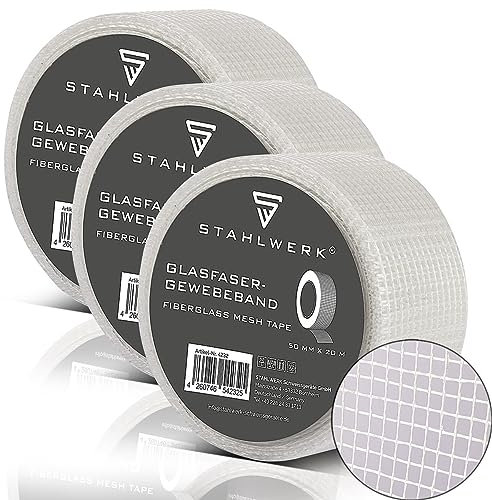 STAHLWERK Glasfaser-Gewebeband 3er Set 20 m x 50 mm, selbstklebendes Trockenbau Fugenband/Fugendeckstreifen/Bewehrungsstreifen mit Gitternetzstruktur für Spachtelarbeiten