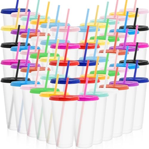 60 Pcs Plastic Cups with Lids and Straws, 700ml Reusable Cold Drinks Cups Bulk, Coloured Iced Coffee Tumbler Travel Mug for Smoothie, Juices, Parties, Birthdays, Flamingo Party, Bachelor Party (700ml)