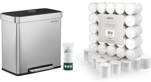 SONGMICS Kitchen Bin, 2 x 30L Stainless Steel Pedal Rubbish Bin with 15 Trash Bags, Recycling & delka 8 Hour Tea Light Candles, 50 Pack, Long Burning Time, Unscented Tea Lights - White