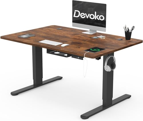 Devoko Höhenverstellbarer Schreibtisch 120x80cm mit Typ-C Ladeanschluss, Schreibtisch Höhenverstellbar Elektrisch, Mobiler Elektrisch Computertisch mit Kabel Management Tray, Vintage-Braun