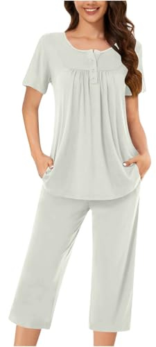 Mrat Damen-Pyjama-Set, Nachtwäsche, zweiteilig, kurzärmelig, Knopfhemden, weite Beinhose, Baggy, lässig, einfarbig, lockere Pyjama-Sets, Damen-Nachtwäsche, Loungewear, Pyjama-Set, Homewear, Weiß #01
