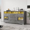 Buffet Moderne Gris, avec éclairage LED, 2 Portes Acrylique, 3 Tiroirs, Meuble Bas, Casier, Armoire de Cuisine, 140x33.5x72.5 cm