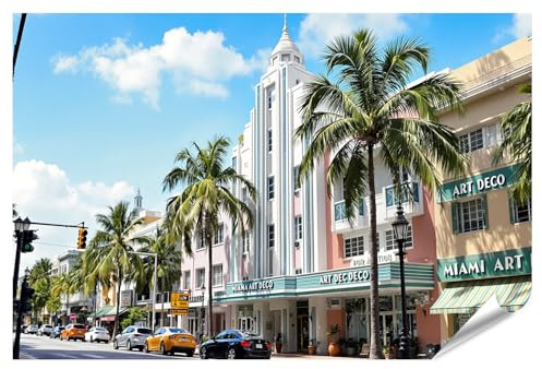 islandburner Premium Poster Buntes Art Deco Gebäude in Miami mit Palmen - Standard