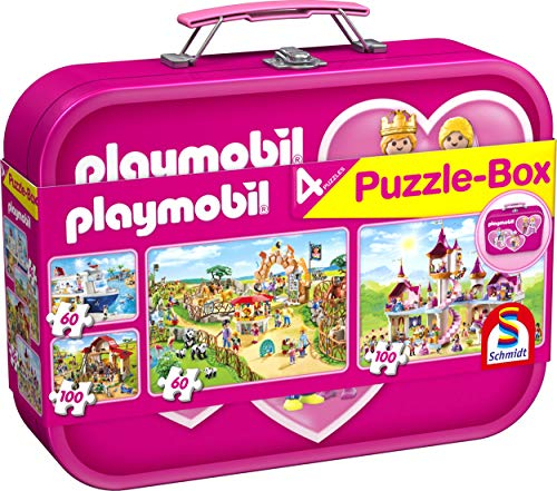 Schmidt Spiele Puzzle 56498 Playmobil 1 , 4 Kinderpuzzle im Metallkoffer, 2x60 und 2x100 Teile