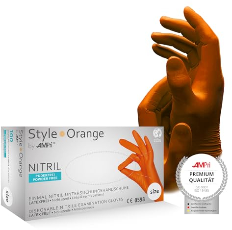 AMPri Nitrilhandschuhe, orange, 100 Stück/Box, Größe XS, puderfrei, Style orange by Med-Comfort: Nitril Einmalhandschuhe, Einweghandschuhe in den Größen XS, S, M, L, XL
