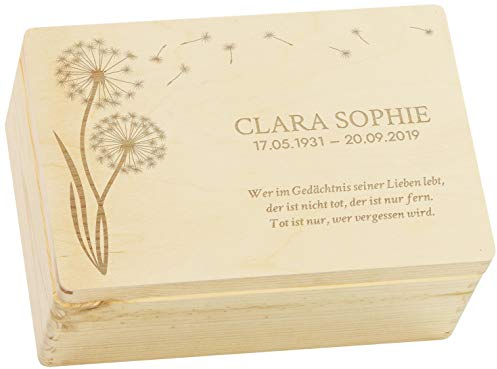 LAUBLUST Trauer Erinnerungsbox - Trauerkiste Personalisiert mit Name, Wunschtext oder Foto | Erinnerungsbox Verstorbene - Holzkiste Natur, FSC® (Pusteblume Motiv, ca. 30 x 20 x 14 cm | M)
