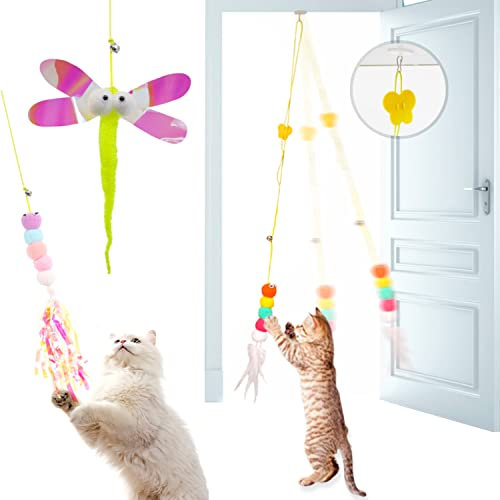Cat Catnip Toys 3 Pack for Indoor Cats, Felt Mouse Interactive Cat Teaser Toys, Hanging String Cat Toy, Door Hanging Cat Pet Toy for Indoor Cats Kitty Play Chase Exercise (Feather Worm Toys)