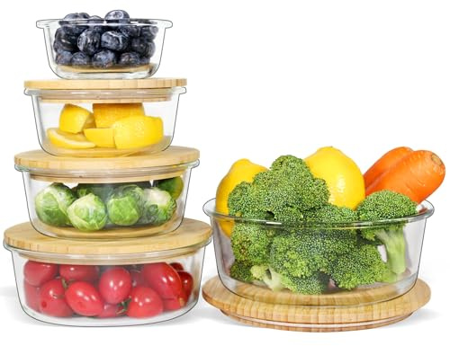 Urban Green Glass Food Container with Bamboo Lid, Airtight food storage Containers set, Glass Meal Prep Containers Set of 5, Dishwasher & Oven Safe