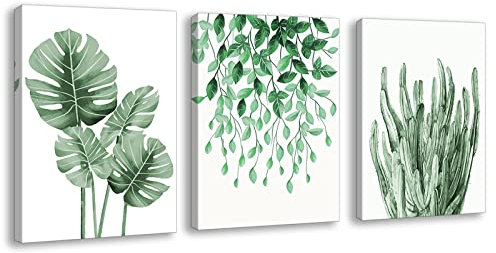 Plant Wall Art Leaf Prints - Tropical Nursery Canvas Pictures Modern Botanical Monstera Artwork Minimalist Green Foliage Paintings Posters Decoration For Living Room Kitchen Office FRAMED 12x16 Inches